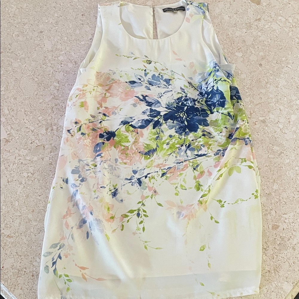 Rose & Olive White Floral Shift Dress with Blue, Green & Pink Accents